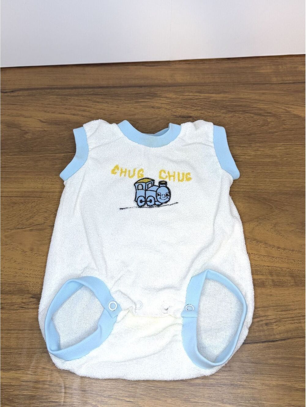 Vintage Baby Terry Cloth Romper Chug Chug Train Embroidered One-Piece